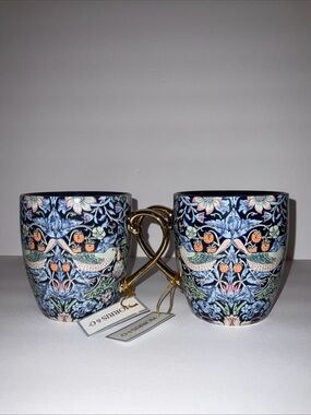 MORRIS & Co. STRAWBERRY THIEF TWO BLACK GOLD HANDLE PORCELAIN 16oz. MUGS NWT